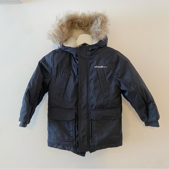 Eddie Bauer Unisex Black Down Feather Fur Hood Zip Jacket Winter Snow Size 4T - Picture 1 of 11